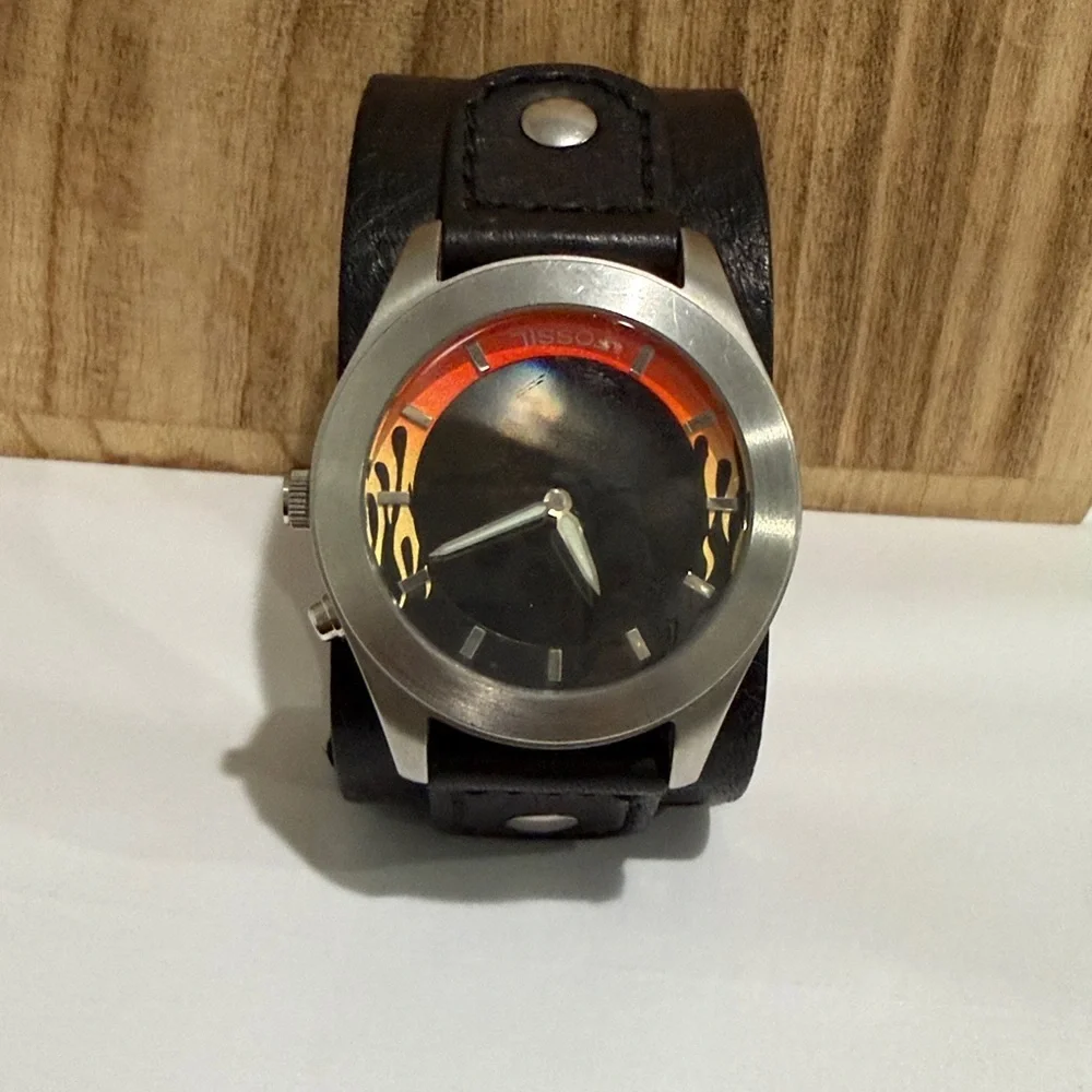 Rare Y2K Fossil Big Tic JR-8200 Flame Watch Leather Band